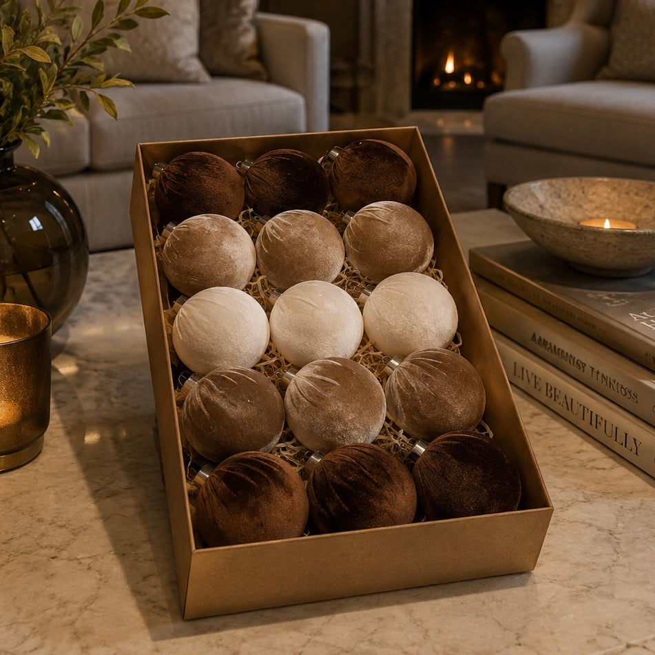 Luxury Brown & Cream Velvet Baubles - Set of 15