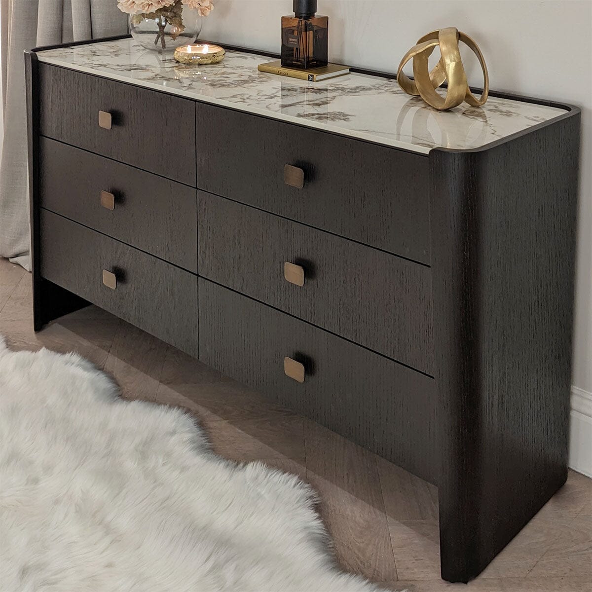 Adalynn Black Wooden 6 Drawer Chest with Faux Marble Top Furniture