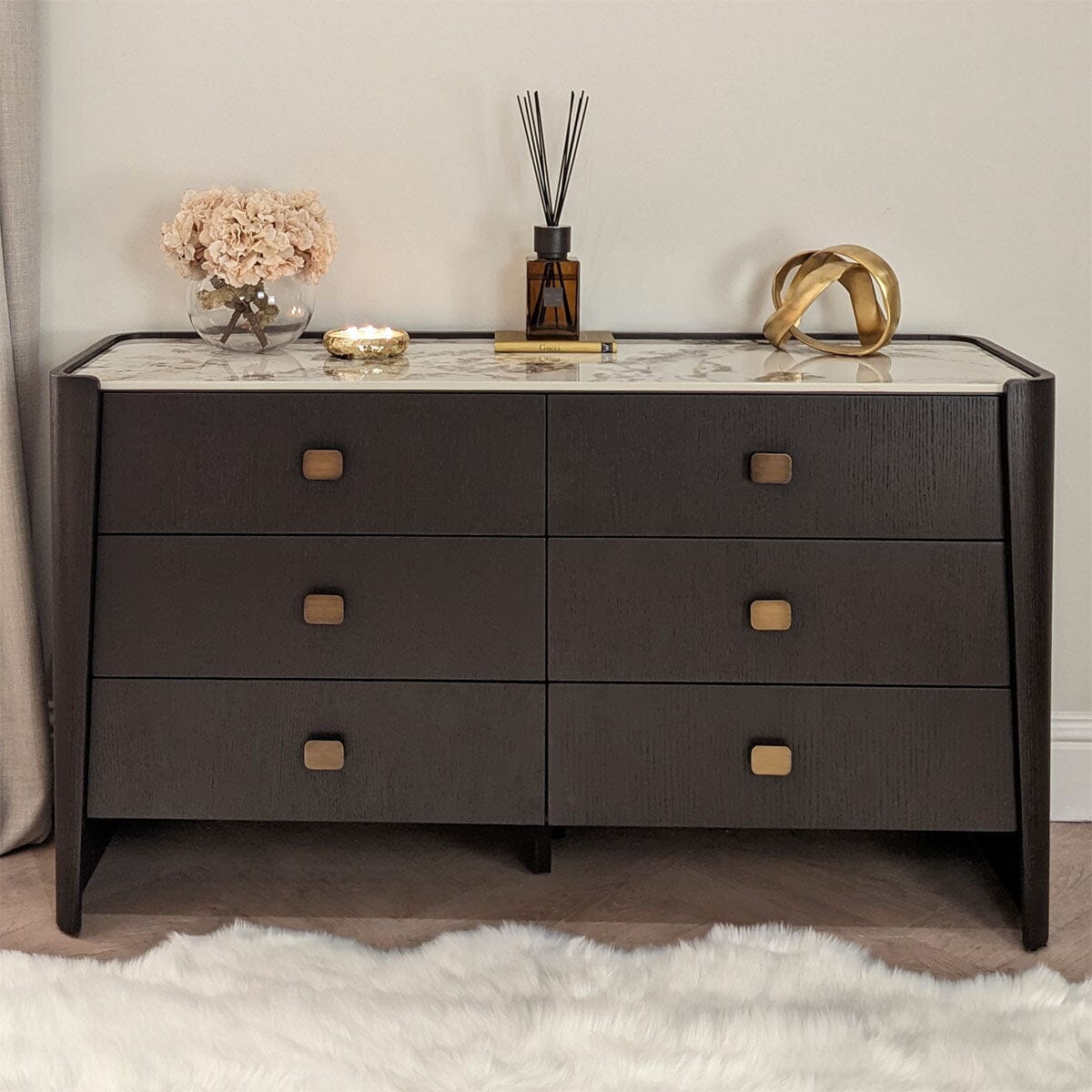 Adalynn Black Wooden 6 Drawer Chest with Faux Marble Top Furniture