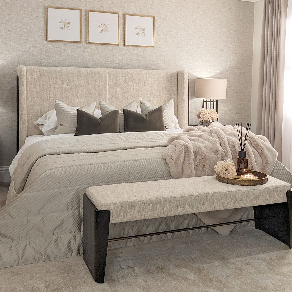 Adalynn Natural Textured Fabric Bed with Black Wooden Detail Beds and Headboards