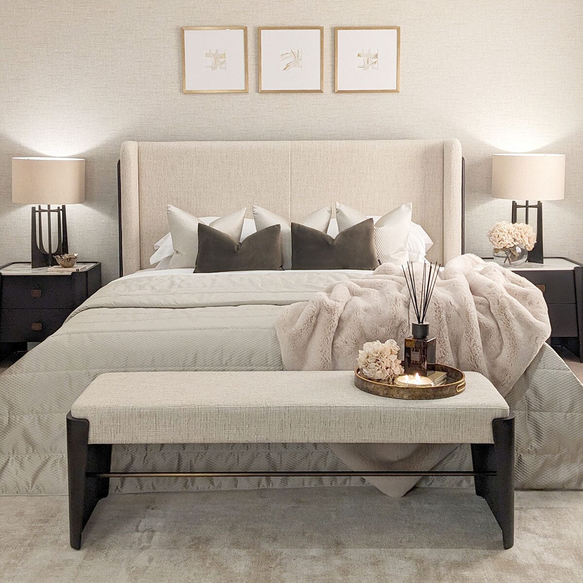 Adalynn Natural Textured Fabric Bench with Black Wooden Legs Furniture