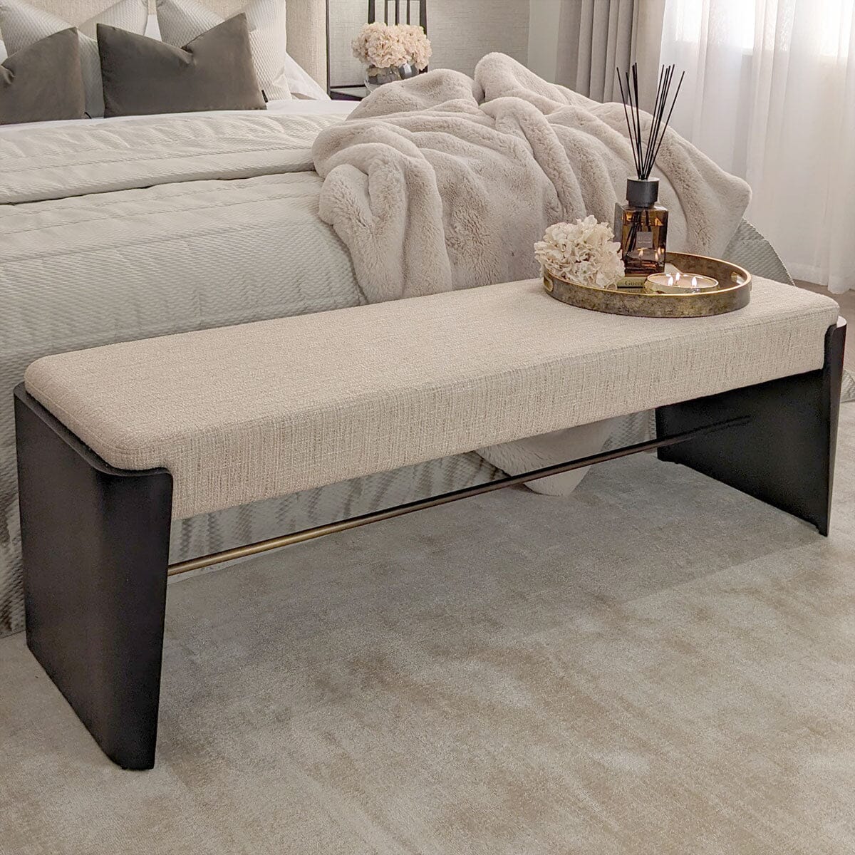 Adalynn Natural Textured Fabric Bench with Black Wooden Legs Furniture
