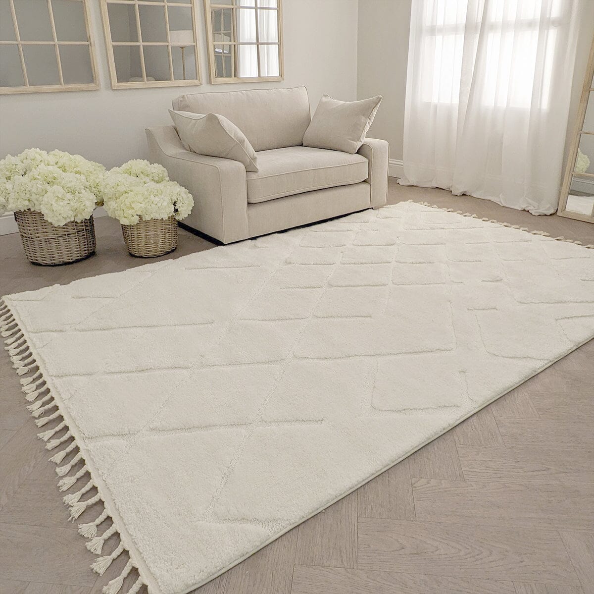 Adira Vanilla Shaggy Tasselled Geometric Rug Textiles