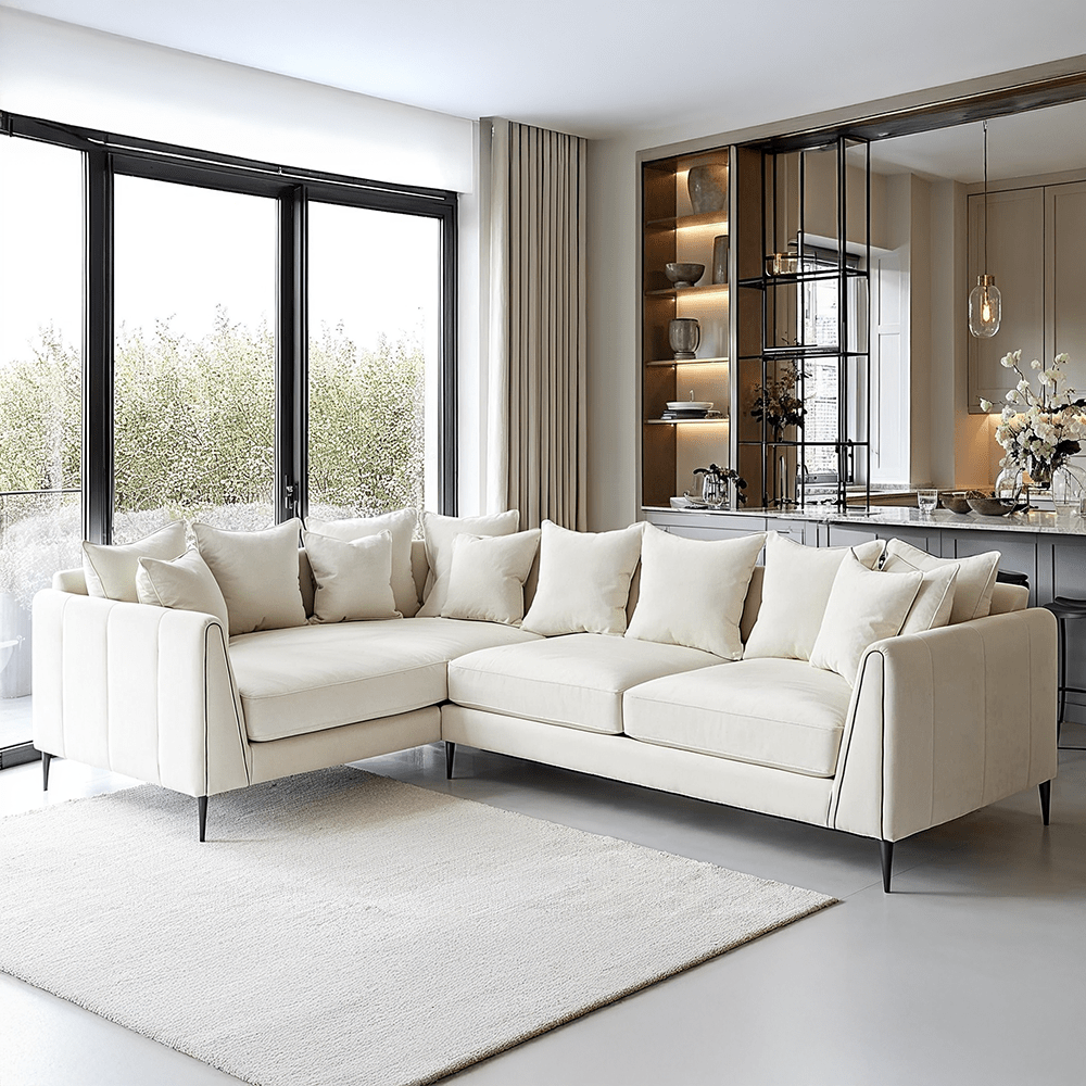 Alaina Cream Velvet Scatter Back Left Hand Facing Corner Sofa with Black Legs Sofa