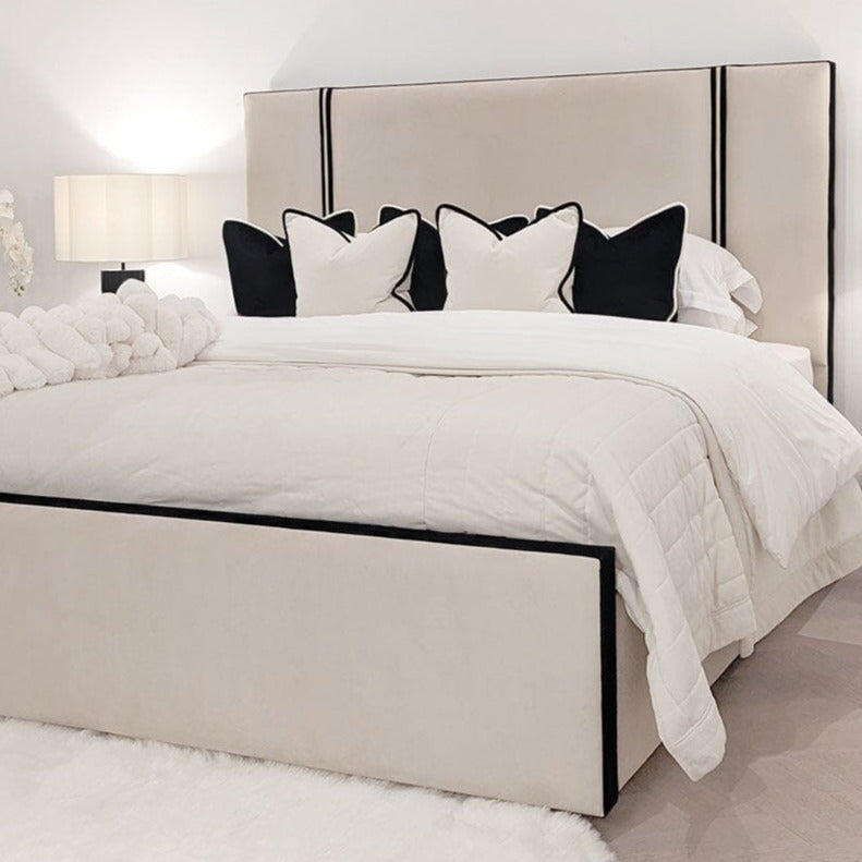 Alessi Vanilla Velvet Luxury Bed with Contrast Black Piping MTO Beds and Headboards