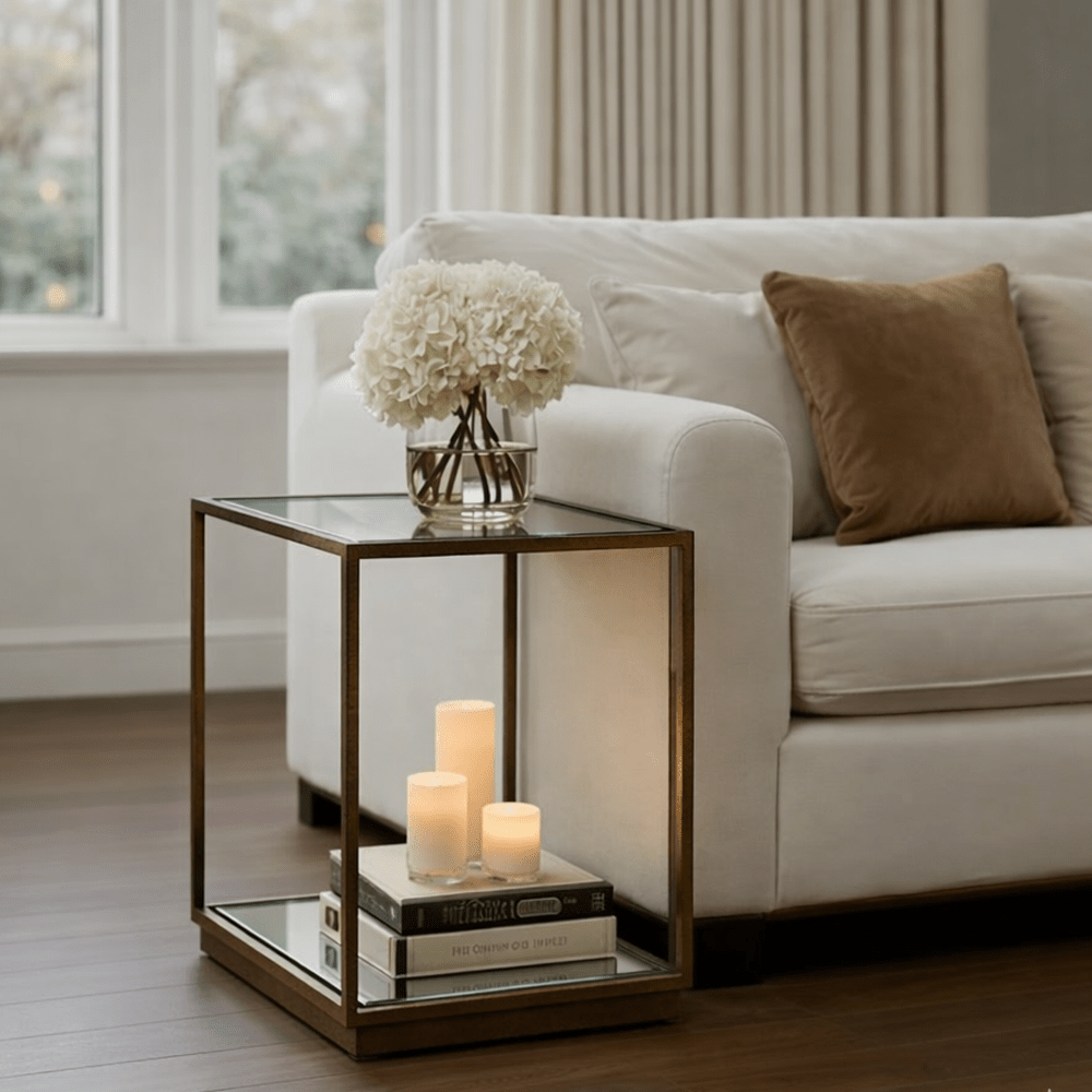 Alpha Bronze & Glass Side Table with Mirrored Shelf Furniture