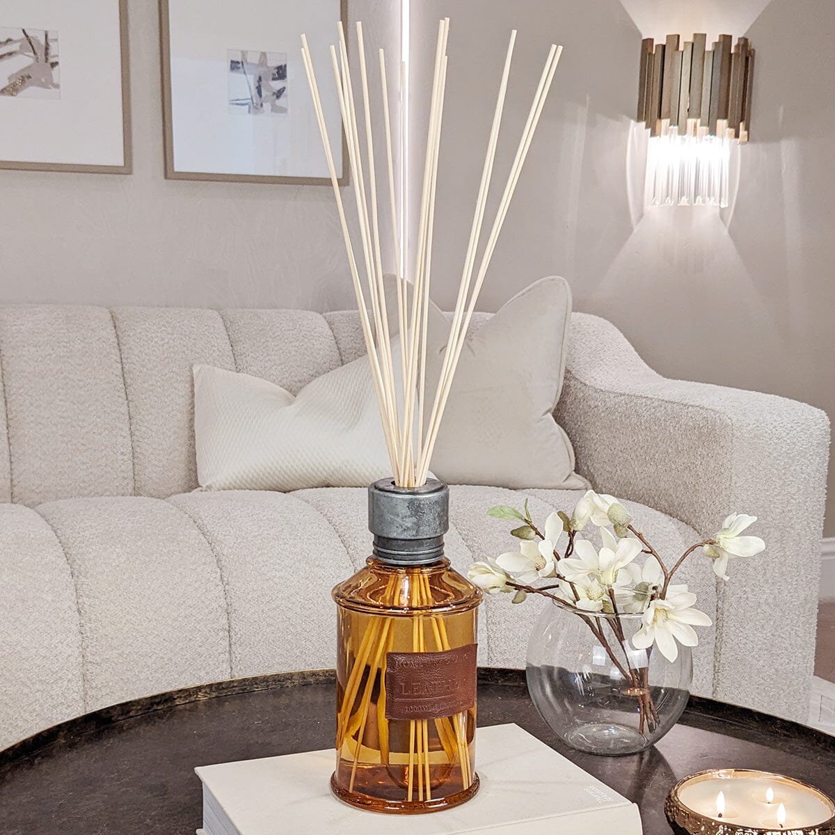 Amber Tinted Glass Leather Large Reed Diffuser Fragrance