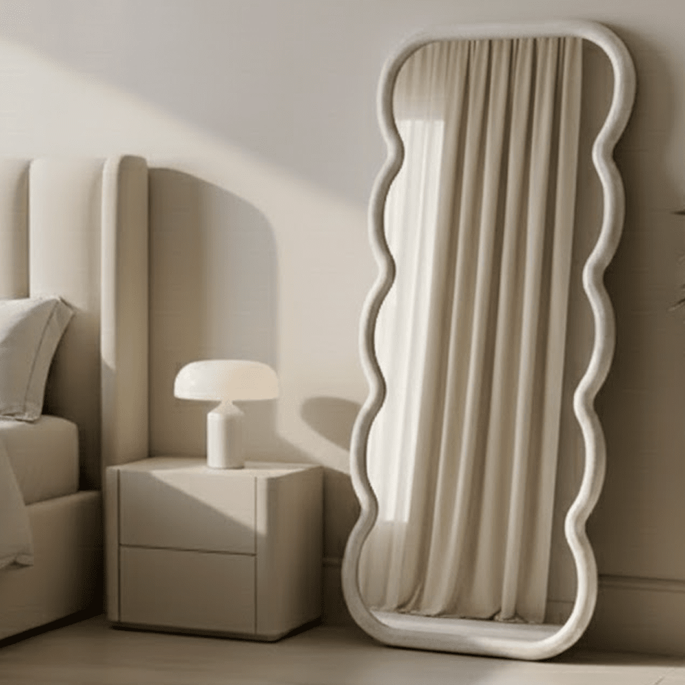 Amina Floor Standing White Concrete Effect Wave Effect Mirror Accessories
