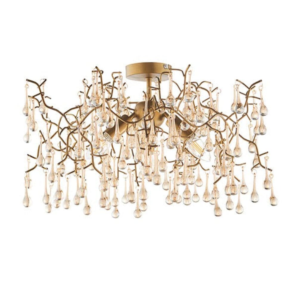 Anais Gold Branch Flush Ceiling Light with Glass Droplets Lighting