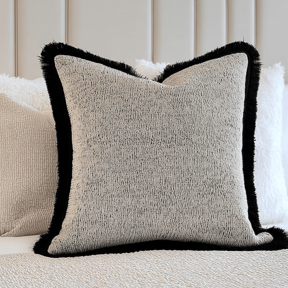Araminta Greige Textured Cushion with Black Fringe Detail- 45x45cm Accessories