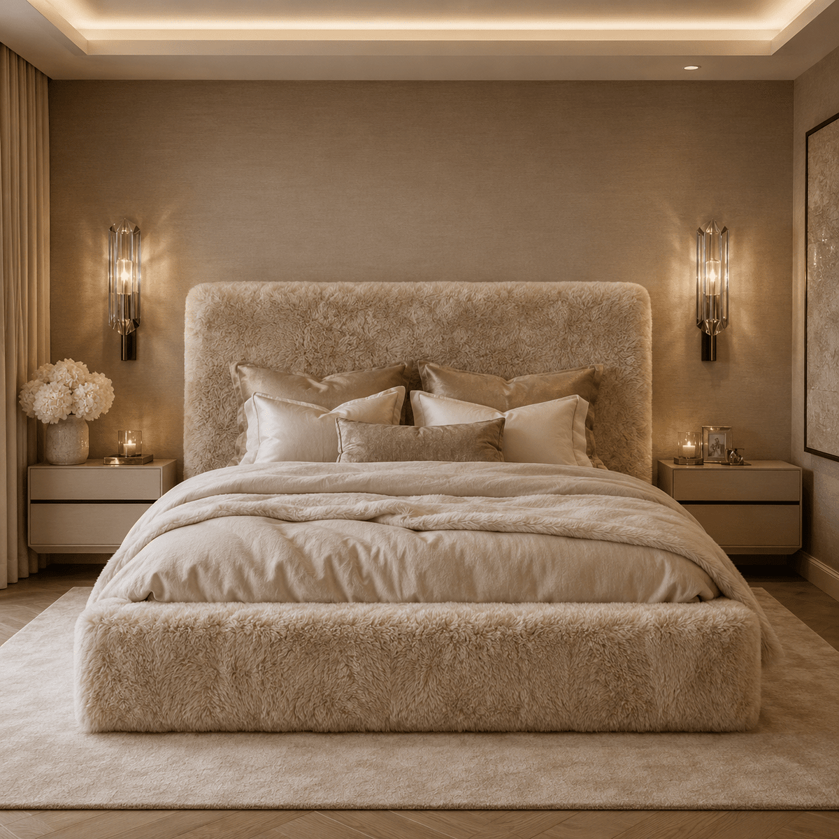 Arctic Luxury Almond Chunky Faux Fur Bed Beds and Headboards