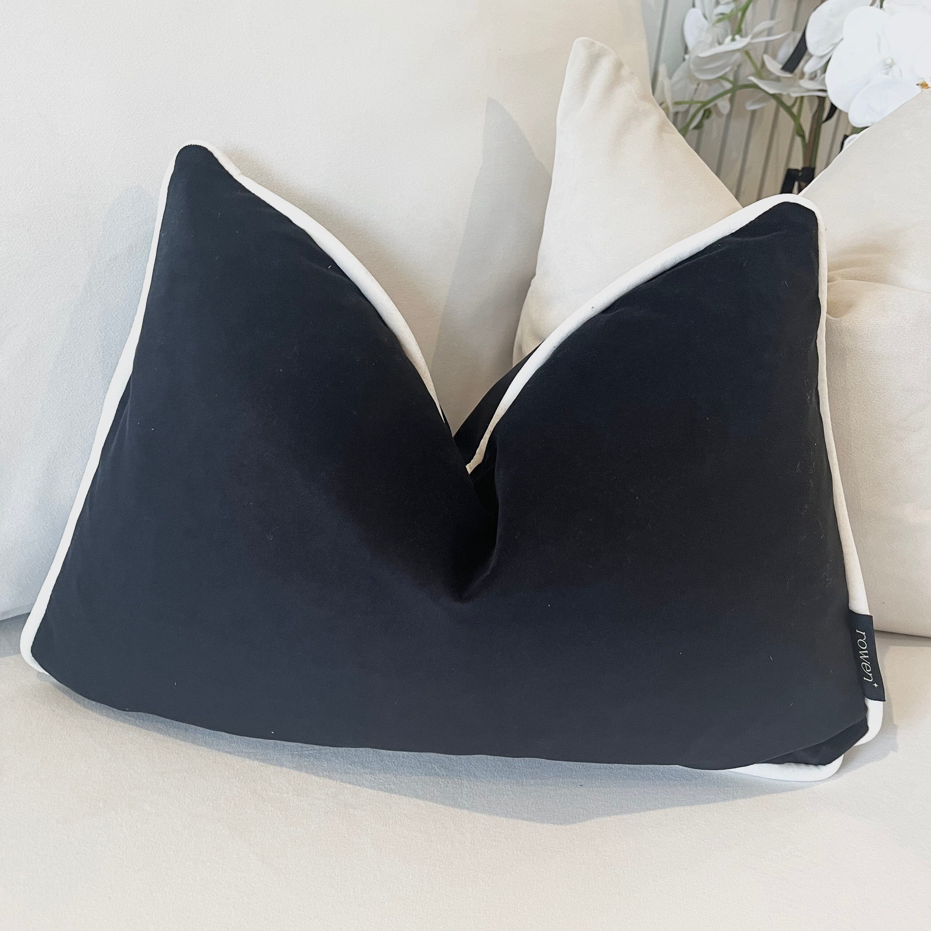 Ari Black Velvet Bolster Cushion with Cream Piping - 35 x 50cm Textiles