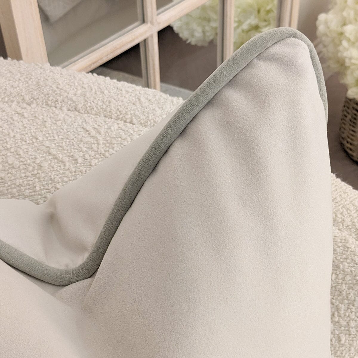 Ari Cream Velvet Cushion with Sage Green Piping - 50x50cm Textiles