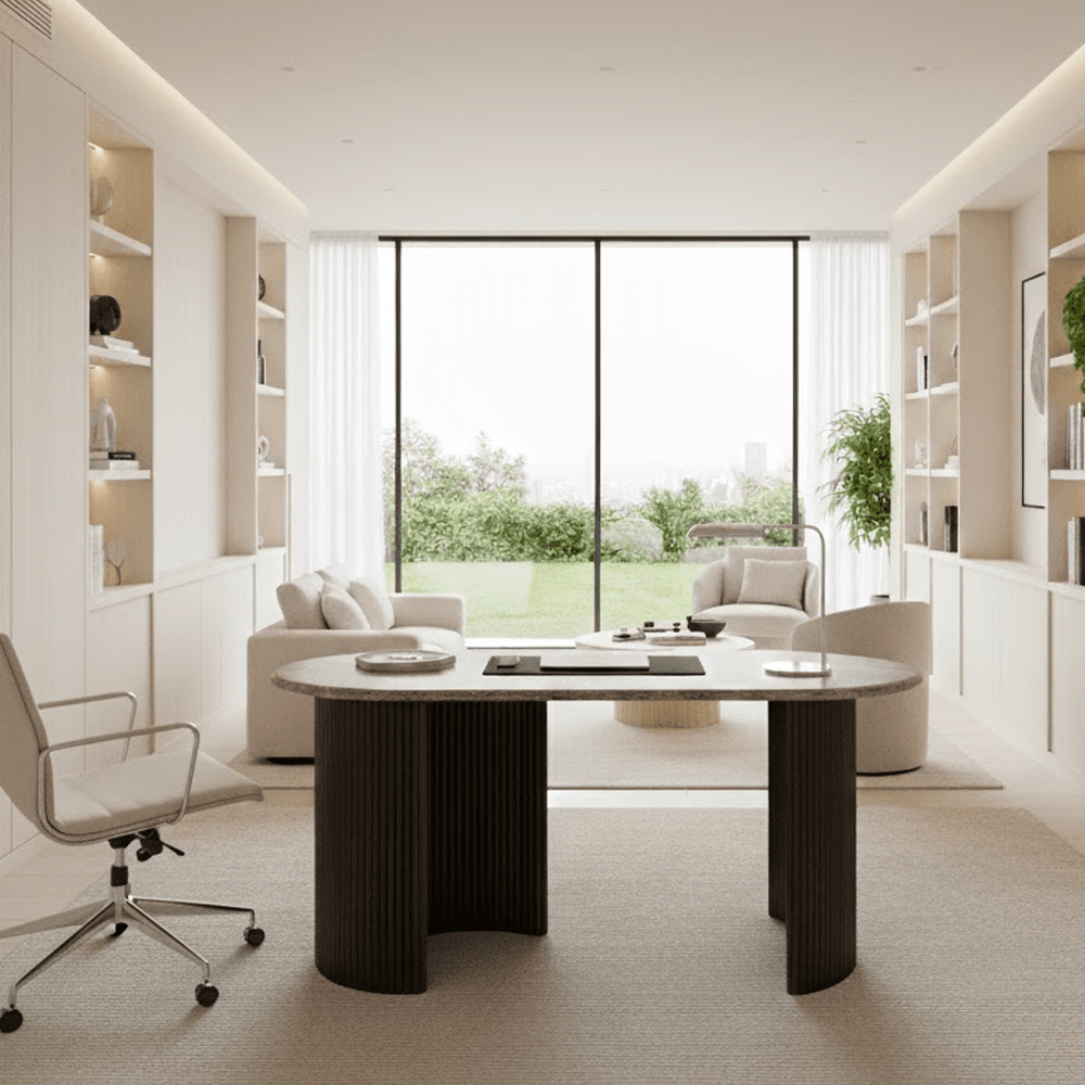 Astalina Brown Ribbed Wooden Pebble Shaped Desk with Marble Top Furniture
