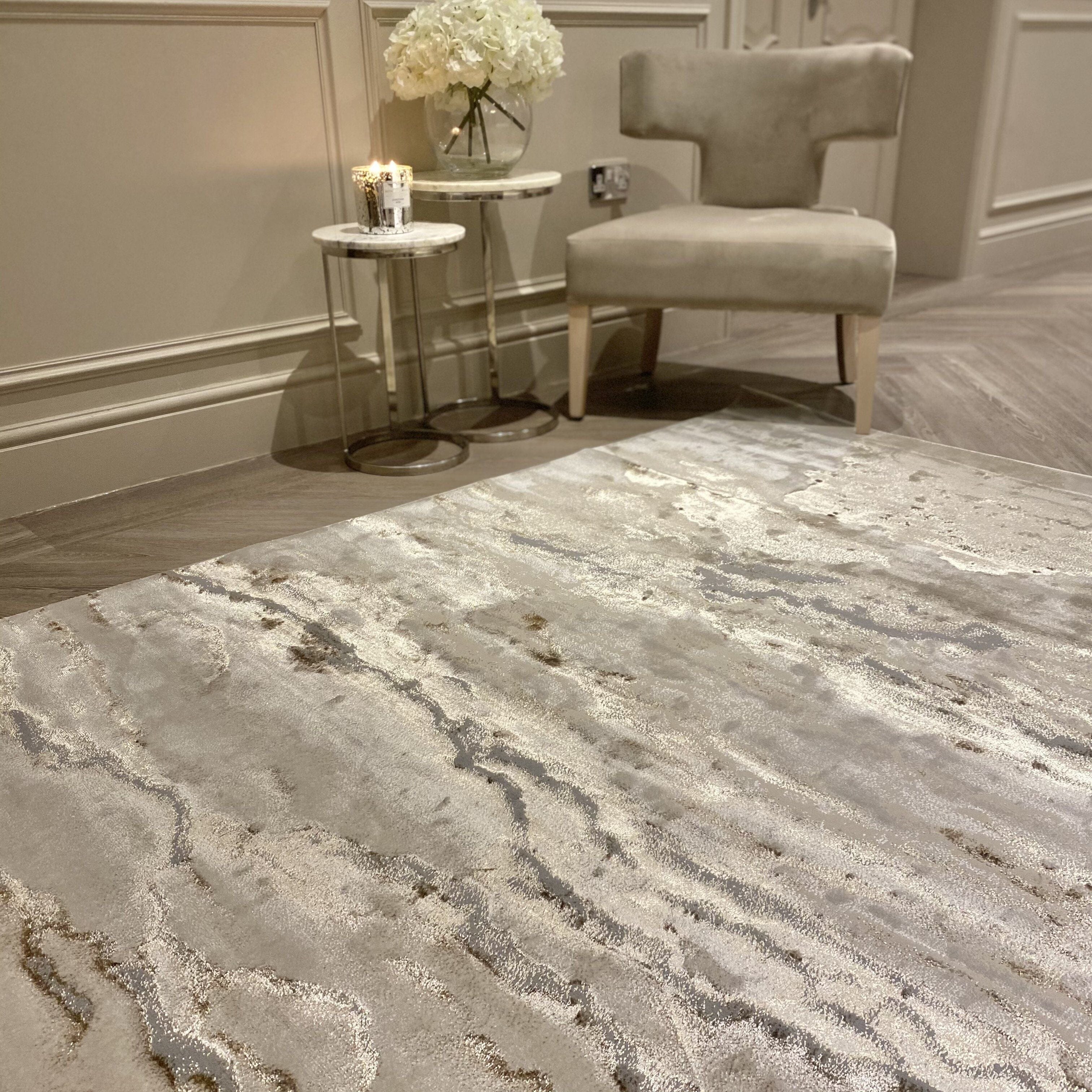 Astoria Cream & Metallic Gold Marble Velvet Rug With Grey Tones - 240 x 340cm Textiles