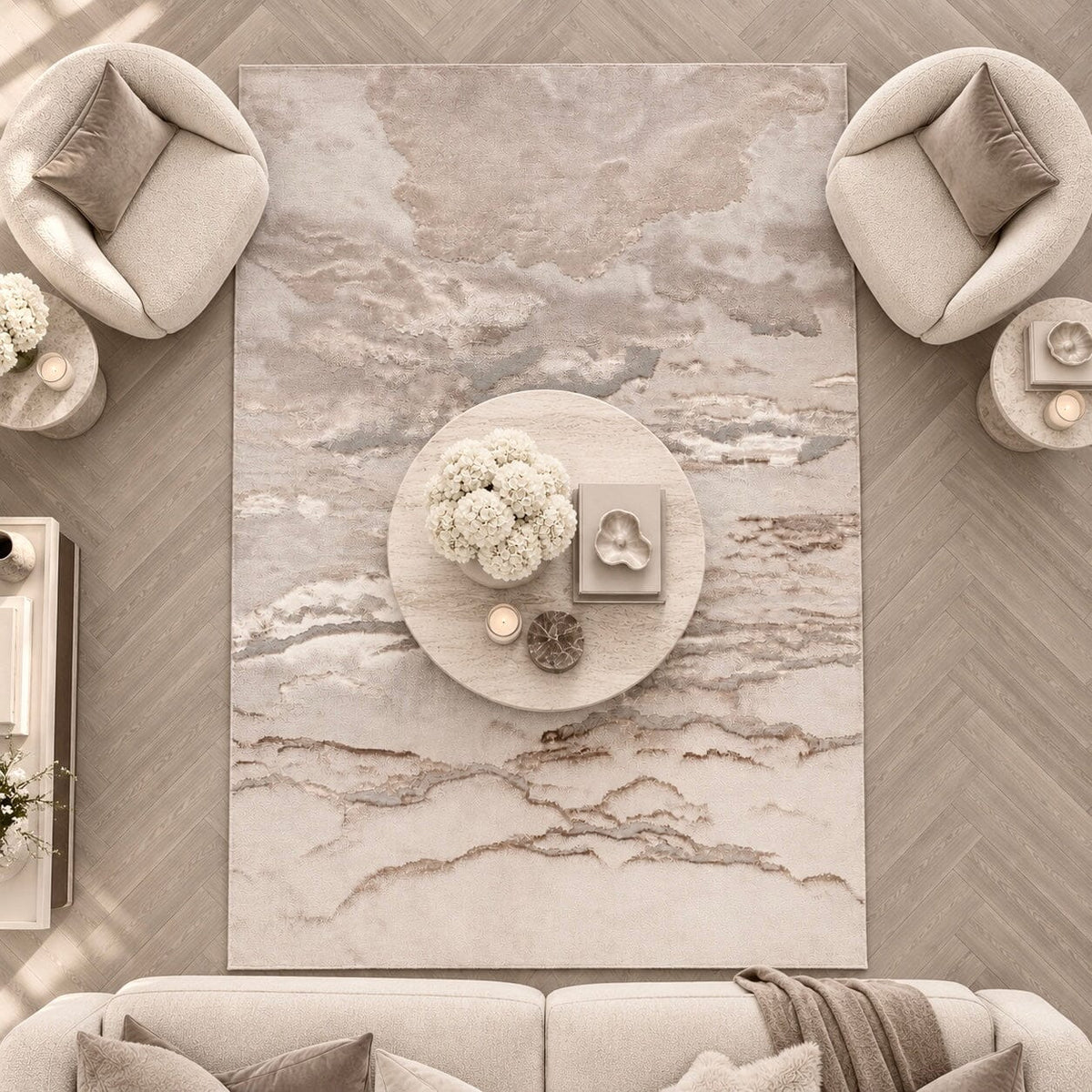 Astoria Cream & Metallic Gold Marble Velvet Rug With Grey Tones Textiles