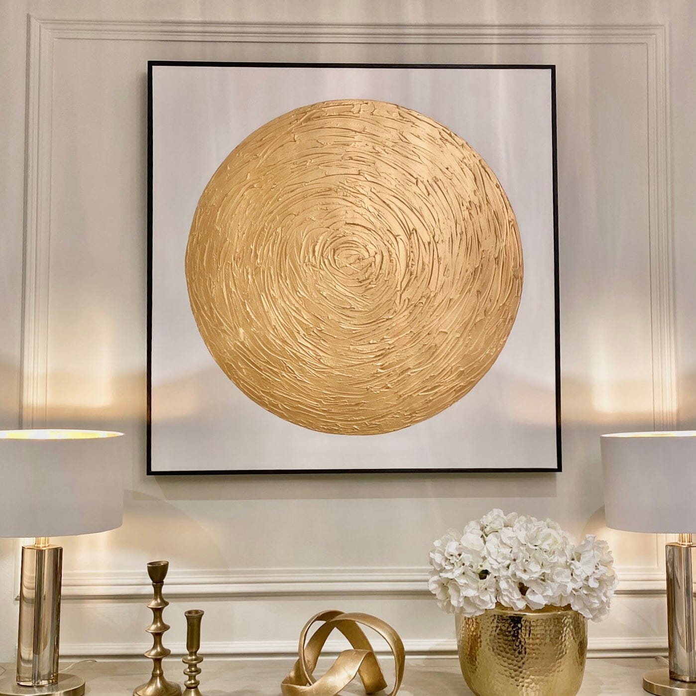 Astratto Gold Textured Circle Canvas Wall Art with Black Frame Accessories