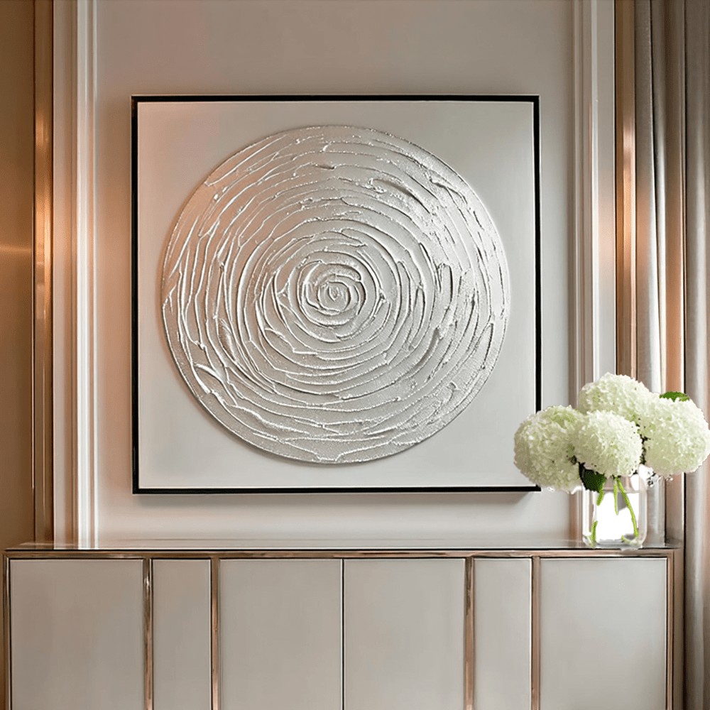 Astratto Silver Textured Circle Canvas Wall Art with Black Frame Accessories