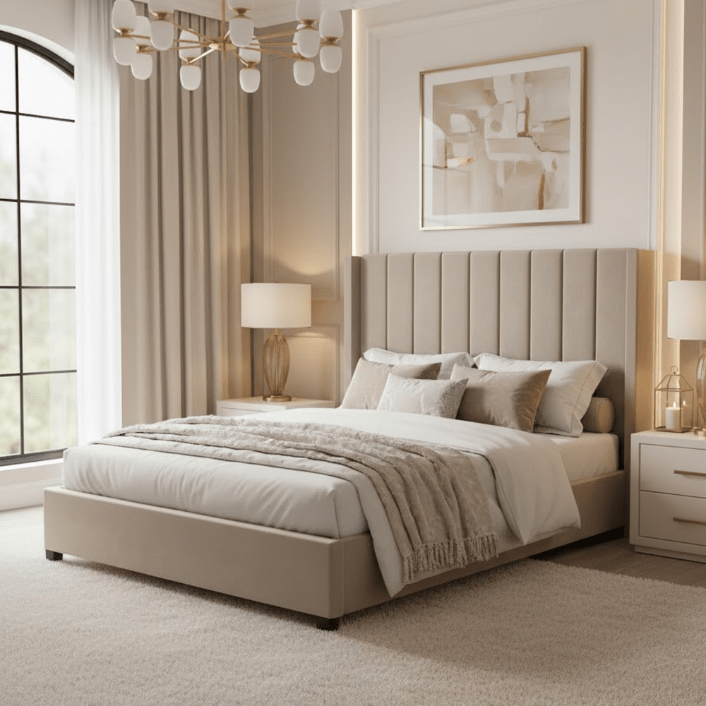 Ava Beige Velvet Ottoman Bed with Winged Headboard Beds and Headboards