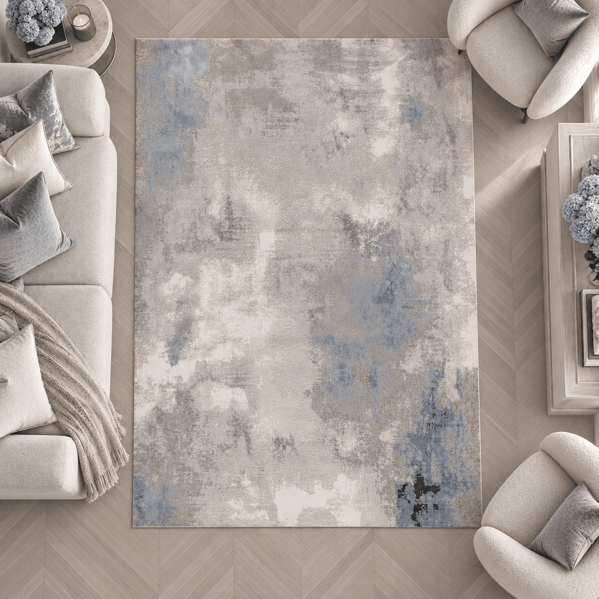 Aveline Metallic Cream, Grey & Blue Abstract Rug Textiles
