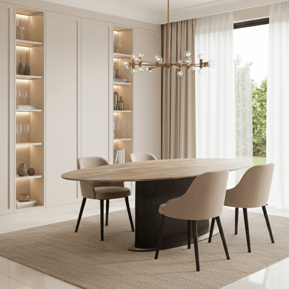 Aya Brown Ribbed Oval Dining Table with Travertine Top Furniture