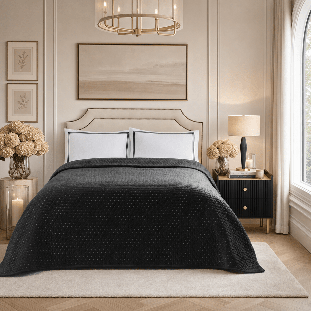 Azalea Black Velvet Embroidered Bedspread Textiles