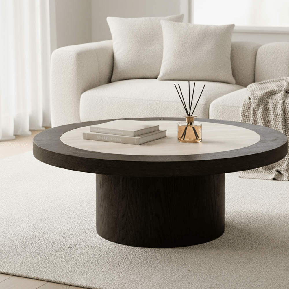 Balerno Deep Brown Wooden Coffee Table with Travertine Top Furniture