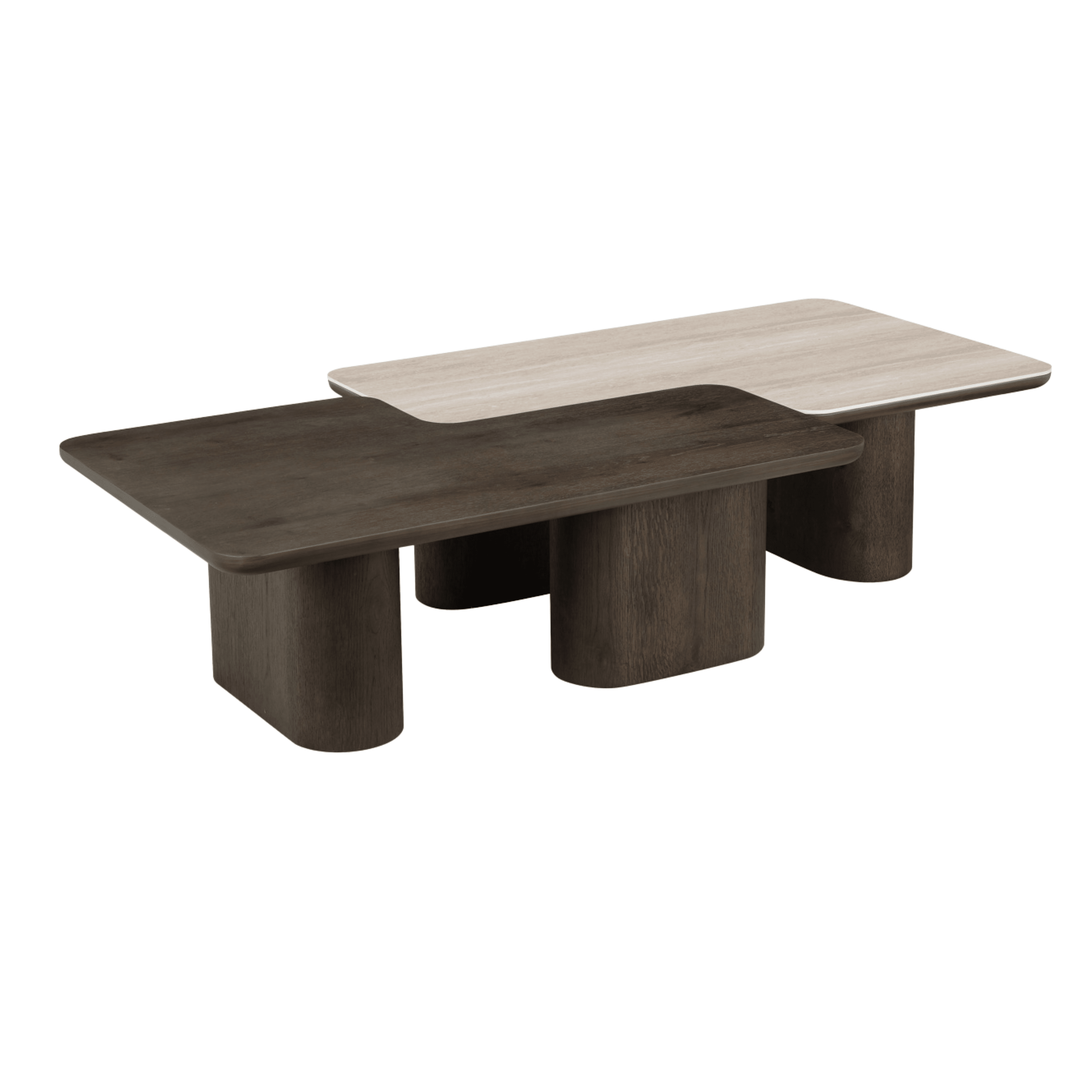 Balerno Deep Brown Wooden & Travertine Contrast Coffee Tables - Set of 2 Furniture