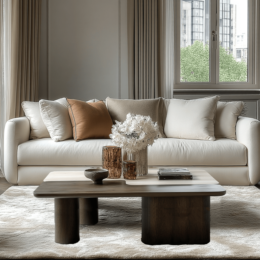 Balerno Deep Brown Wooden & Travertine Contrast Coffee Tables - Set of 2 Furniture