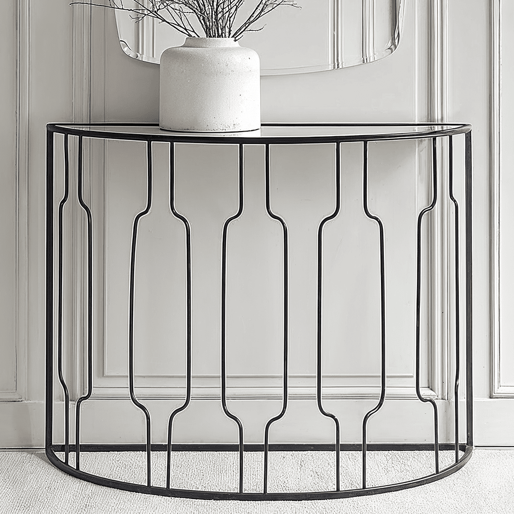 Barrafina Black Metal Half Moon Console Table with Mirrored Top Furniture