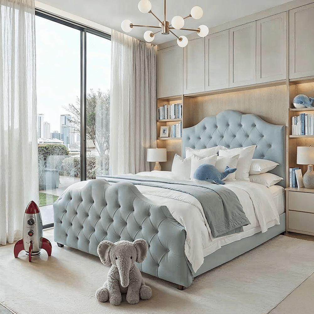 Belvoir Blue Velvet Luxury Curved Velvet Bed Beds and Headboards