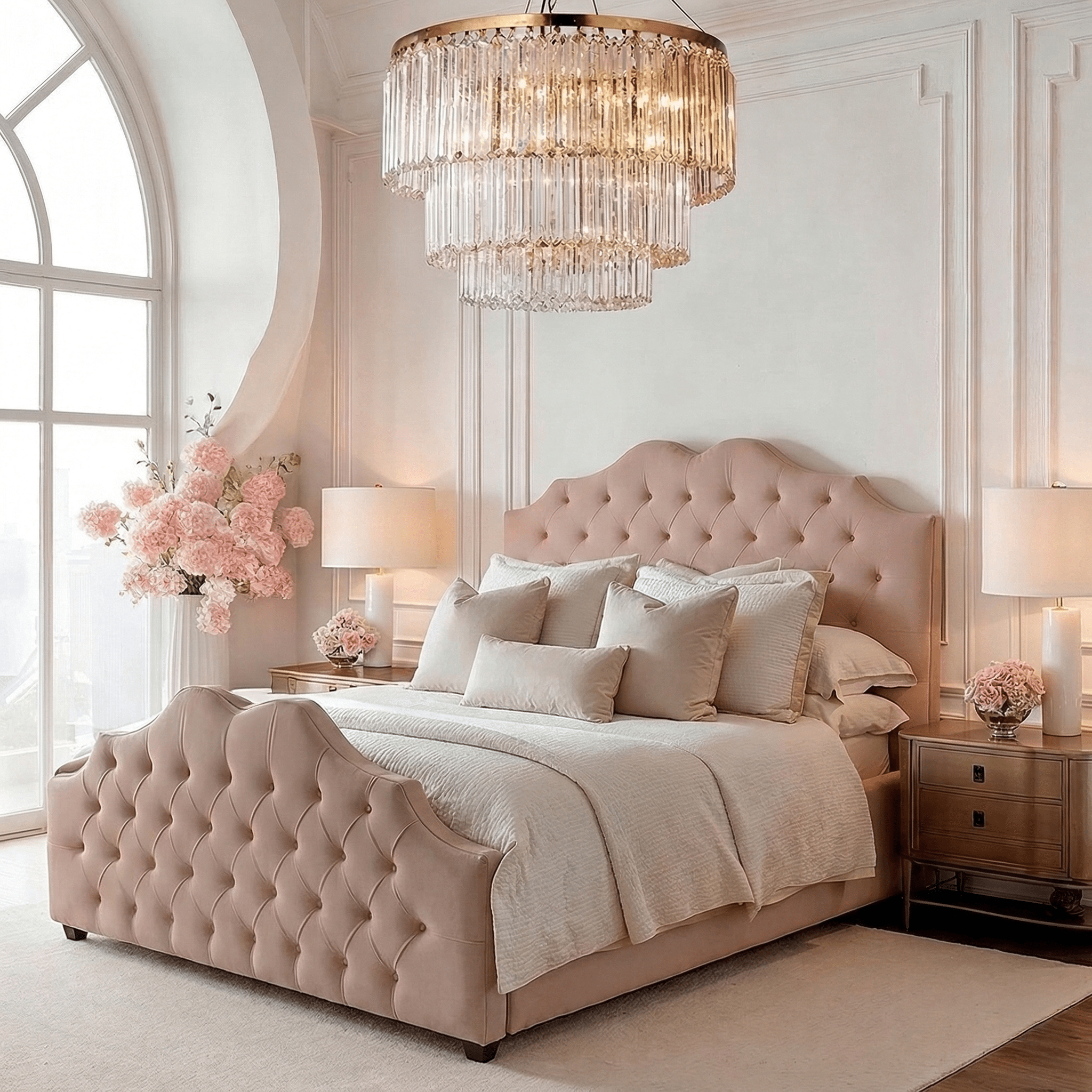 Belvoir Pink Velvet Luxury Curved Velvet Bed Beds and Headboards