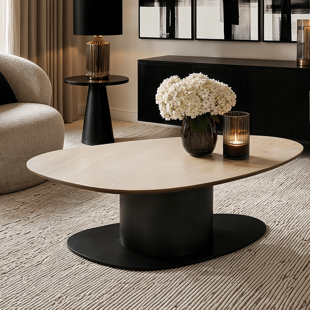 Bordeaux Black Oval Coffee Table with Travertine Top Furniture
