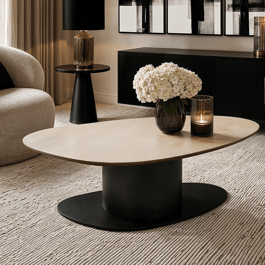 Bordeaux Black Oval Coffee Table with Travertine Top Furniture