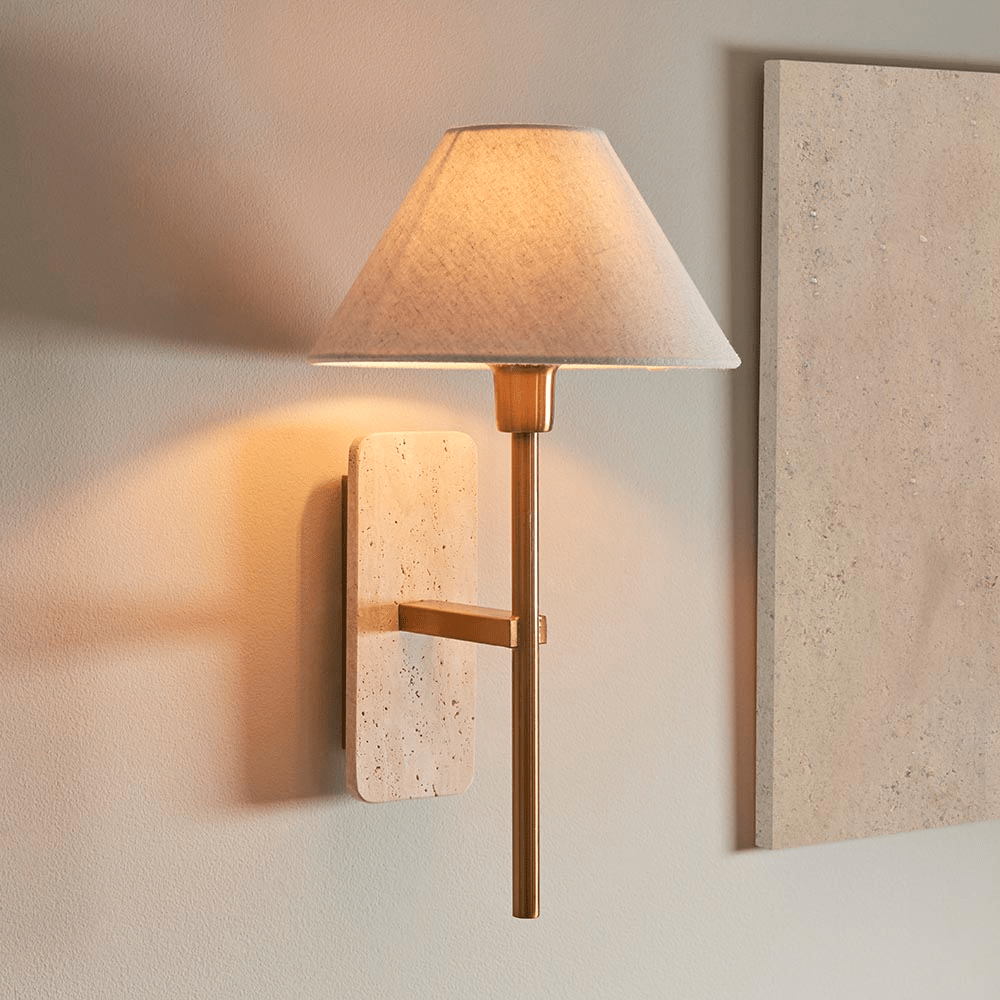 Callie Gold & Travertine Wall Light with Linen Shade Lighting