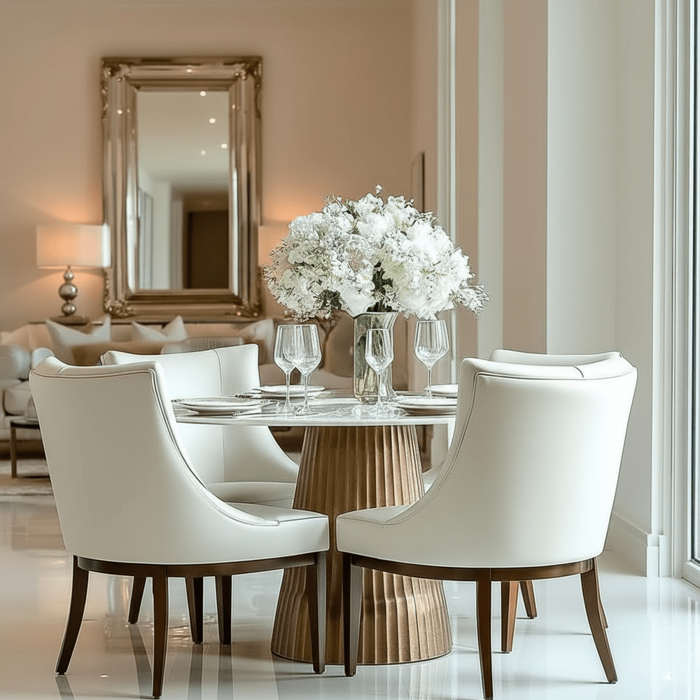 Camellia Antique Brass Ribbed Dining Table with White Marble Top Furniture