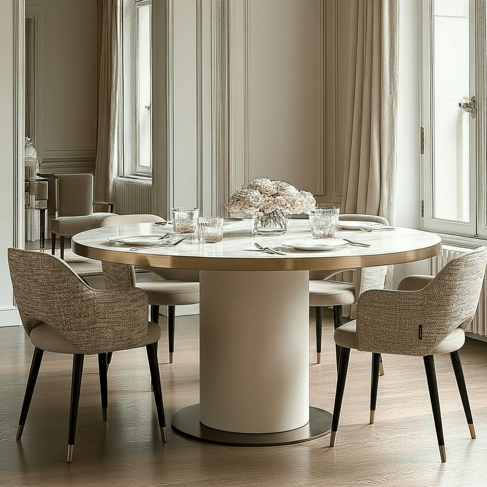 Camille Luxury Cream & Gold Round Dining Table with Ceramic Marble Top Furniture