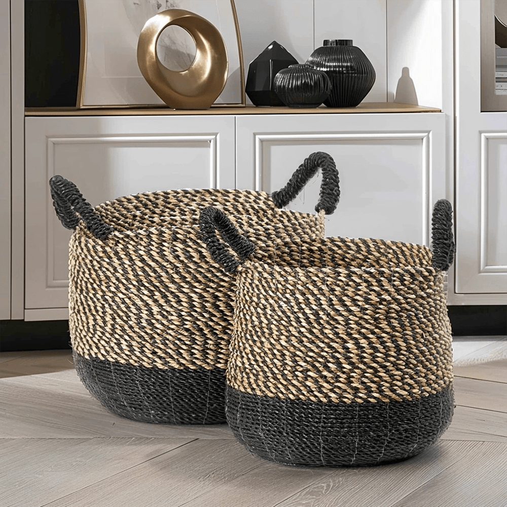 Chelle Natural & Black Set of 2 Round Baskets Accessories