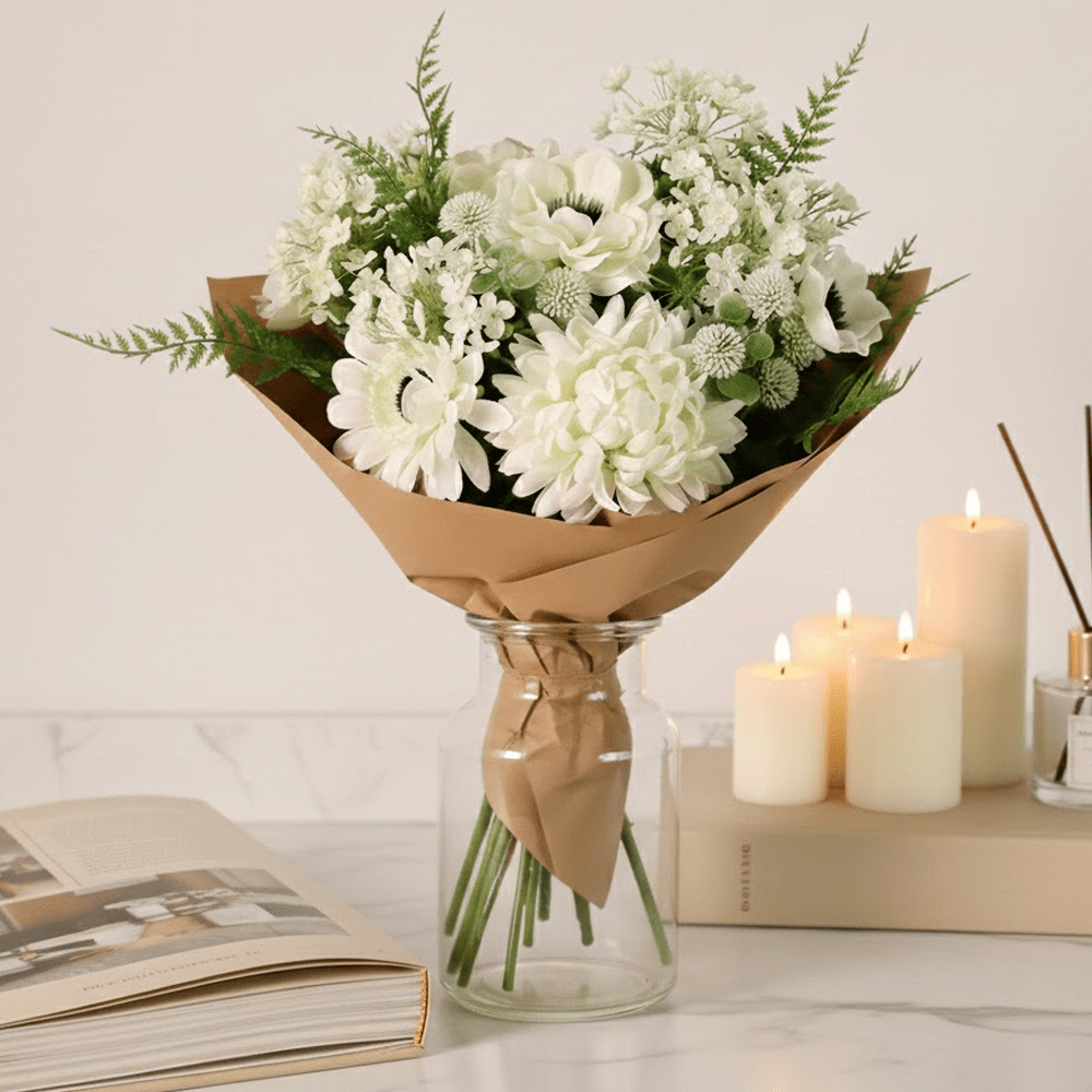 Cream & Green Mixed Faux Floral Bouquet Accessories
