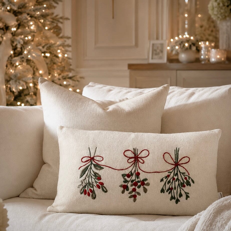 Cream, Green & Red Mistletoe Bolster Cushion - 50 x 30cm Textiles