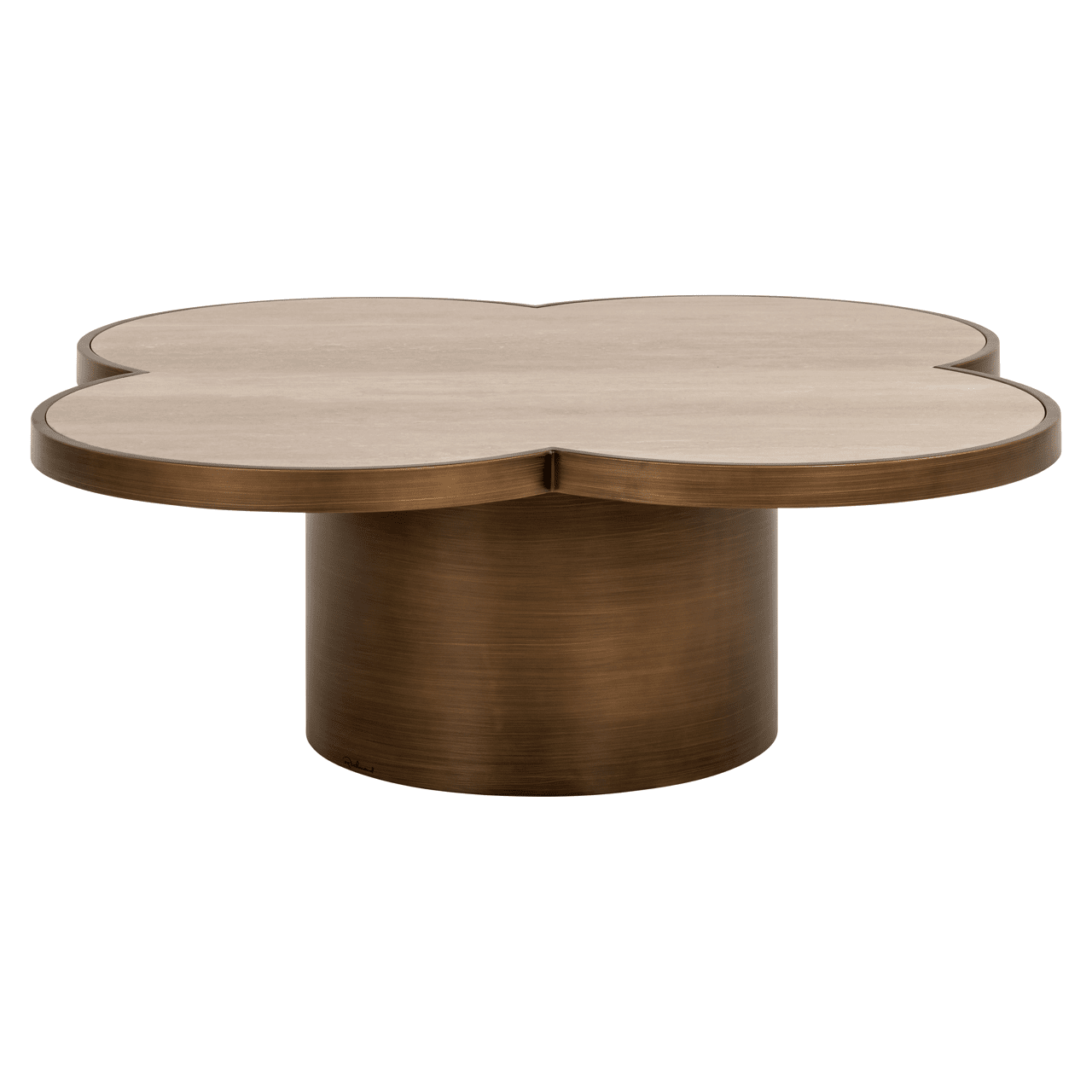Delia Large Brushed Brass Clover Coffee Table with Travertine Top Furniture