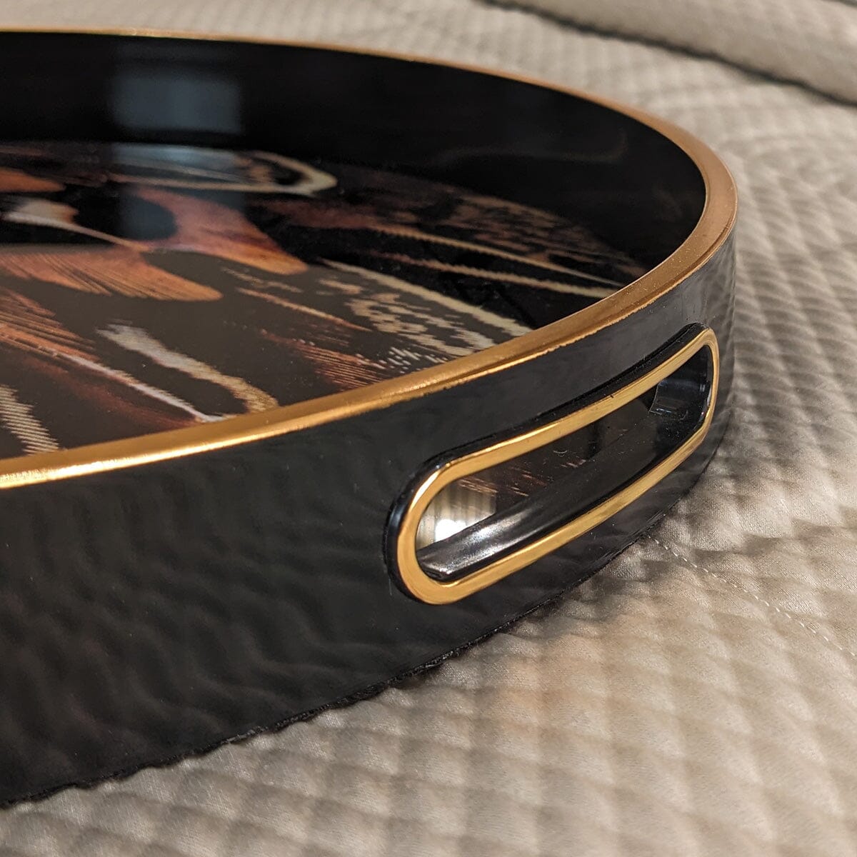 Doppio Black, Gold & Rust Feather Effect Round Decorative Tray Accessories