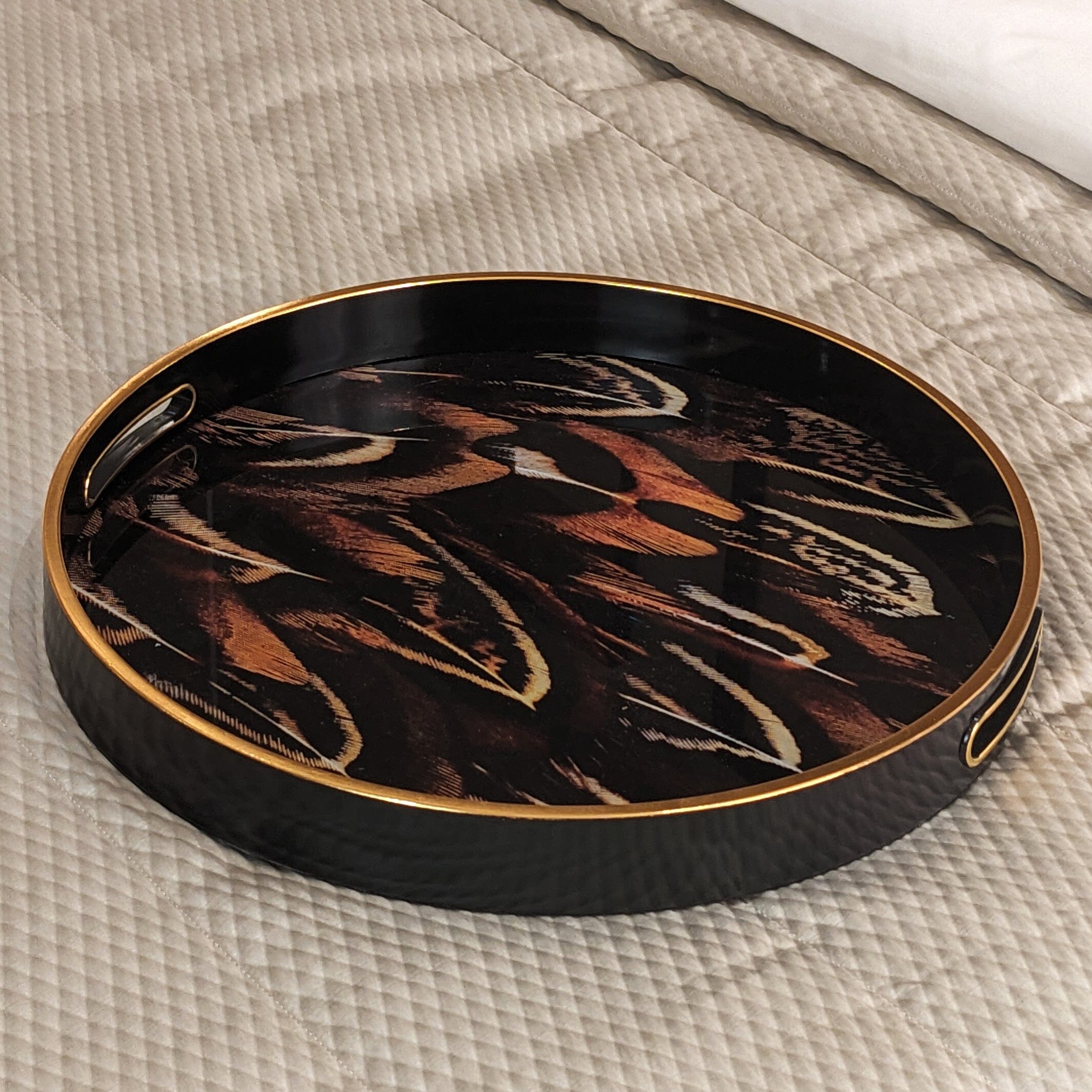 Doppio Black, Gold & Rust Feather Effect Round Decorative Tray Accessories