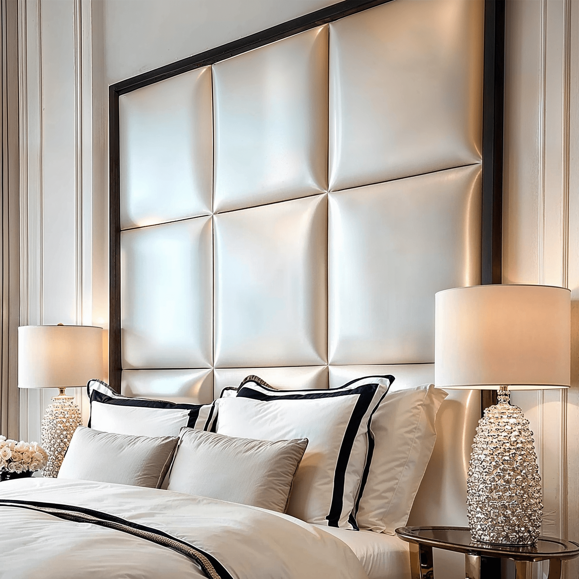 Dream Luxury Vanilla Satin Squares Headboard with Black Wooden Frame Beds and Headboards