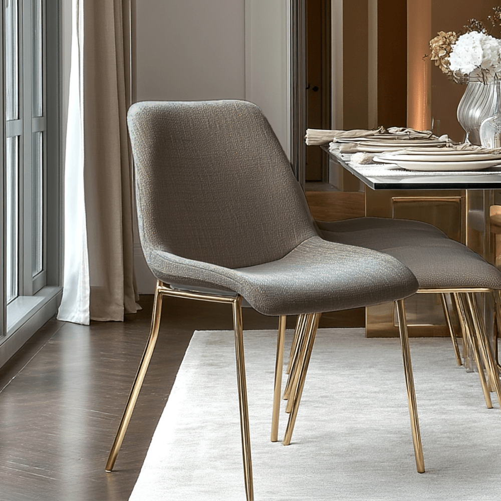 Dun Taupe Textured Velvet Dining Chair with Gold Legs- Set of 2 Furniture