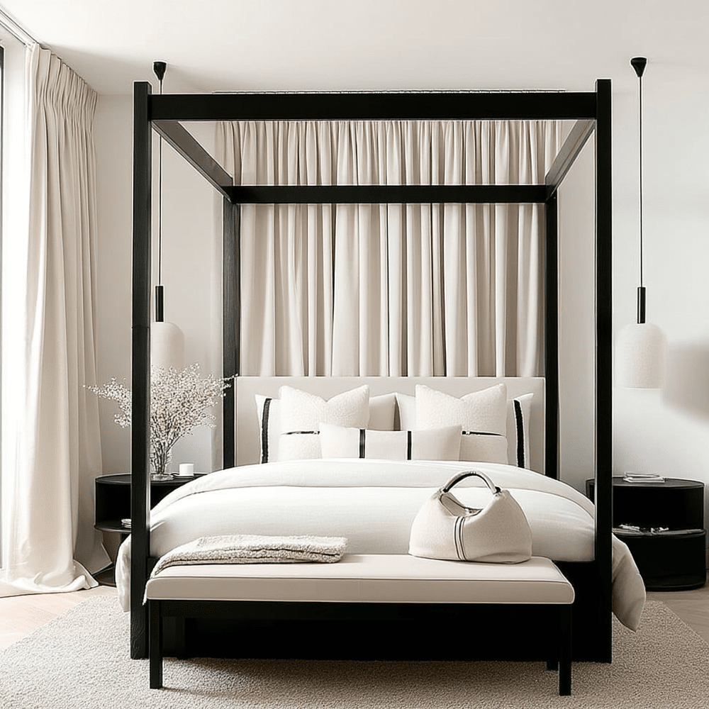Eden Black 4 Poster Wooden Bed with Cream Velvet Headboard Beds and Headboards