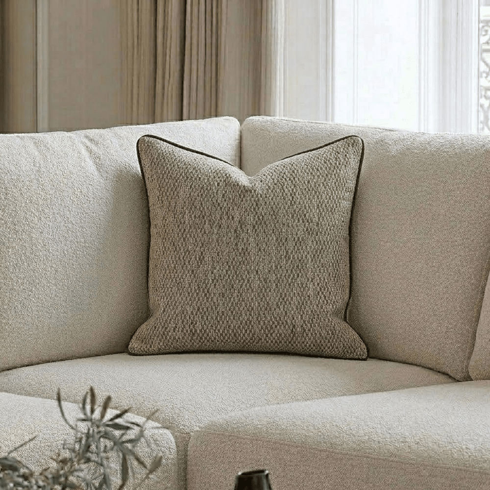 Ekte Neutral Woven Cushion with Chocolate Brown Satin Piping- 56x56cm Textiles
