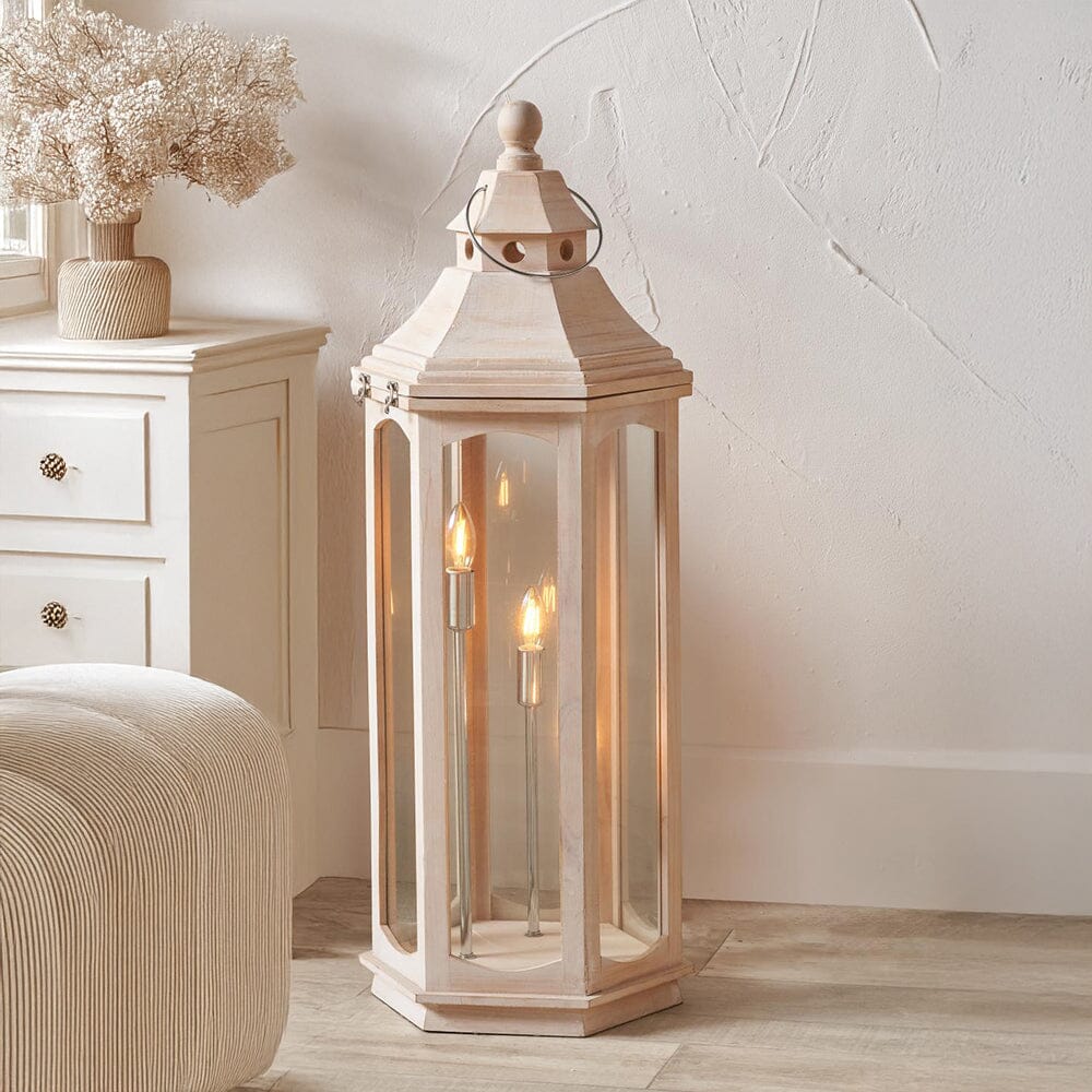 Eldoris White Wash Wooden Lantern Floor Lamp Lighting