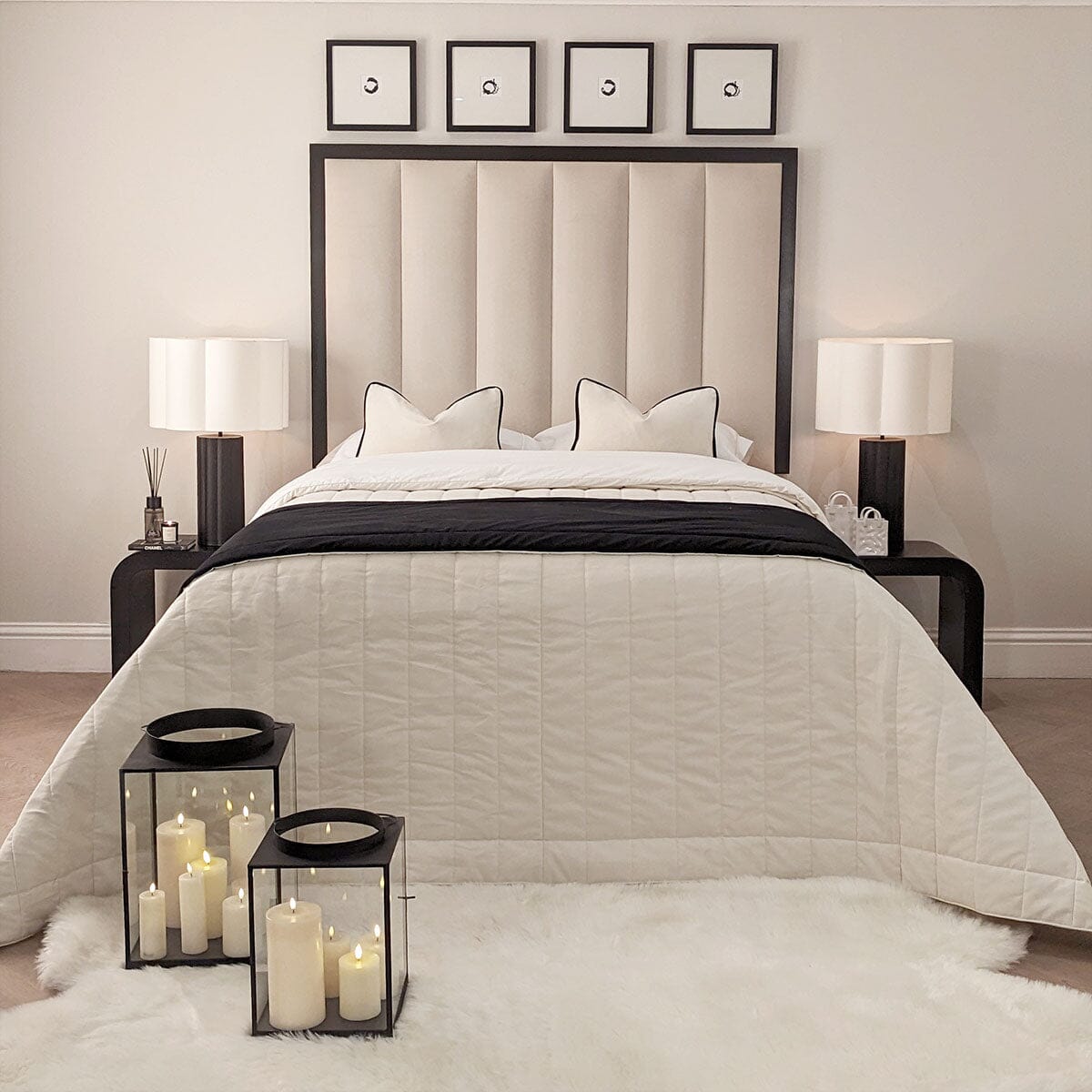 Eleanor Premium Cream Velvet Channelled Headboard with Black Wooden Frame MTO Beds and Headboards