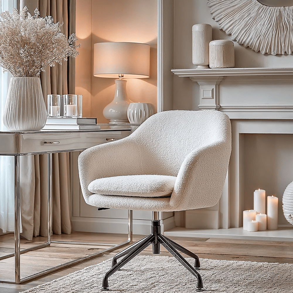 Elias Cream Bouclé Swivel Chair With Black Metal Legs Furniture